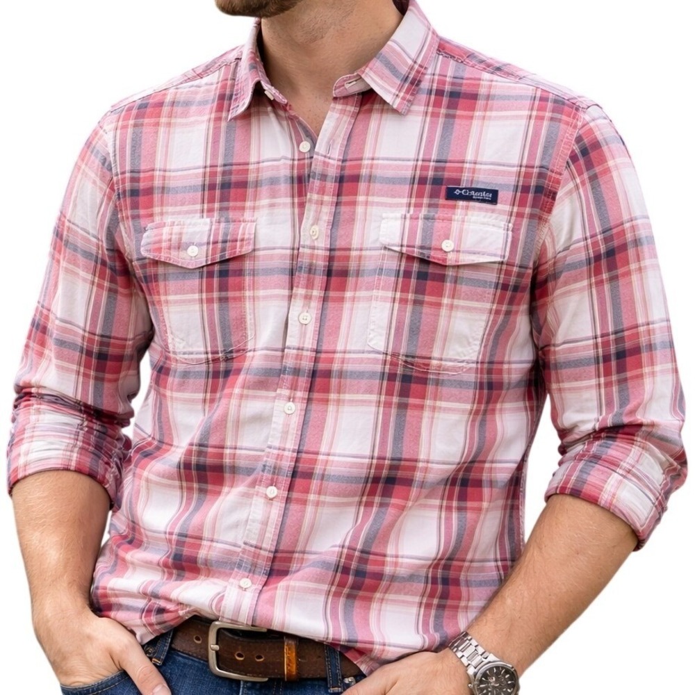 Columbia PFG Super Bahama Fishing Shirt Mens Medium Pink Plaid Vented